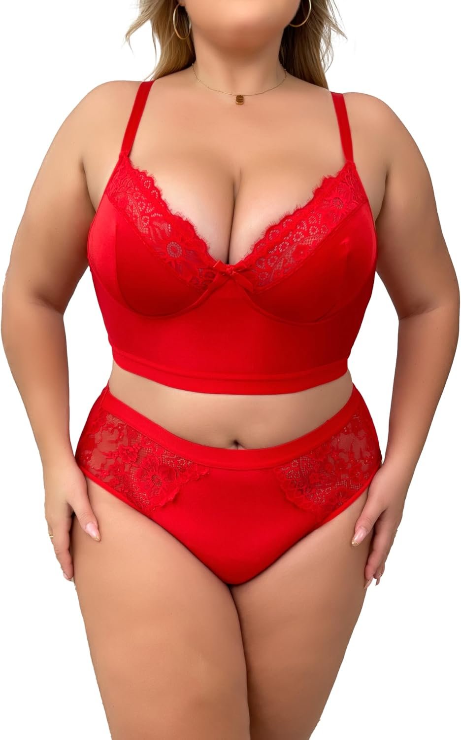 71W25qlt6mL._AC_SL1500_.jpg Women Plus Size 2 Piece Lingerie Set Floral Sexy Mesh Sheer V Neck 3/4 Cup Lace Outfits See Through Panty Bra - Image 1