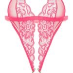 Women's deep-V lace bodysuit; mini-chemise style
