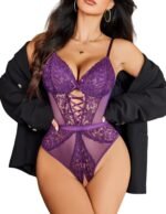 Women's sexy lace bodysuit with mesh V-neck design